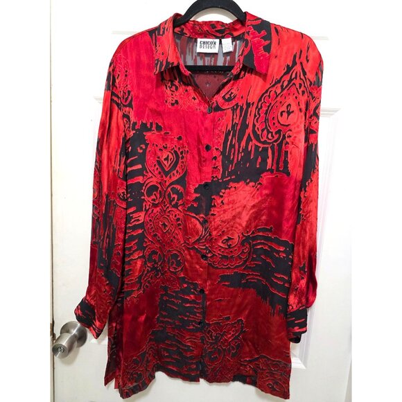 Chicos Design Women's Red & Black Abstract Long Sleeve Silk Boho Button-Up Blous - Picture 2 of 8